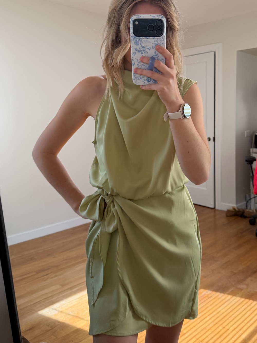 Amazon Sleeveless Satin Mini Dress in Olive Green